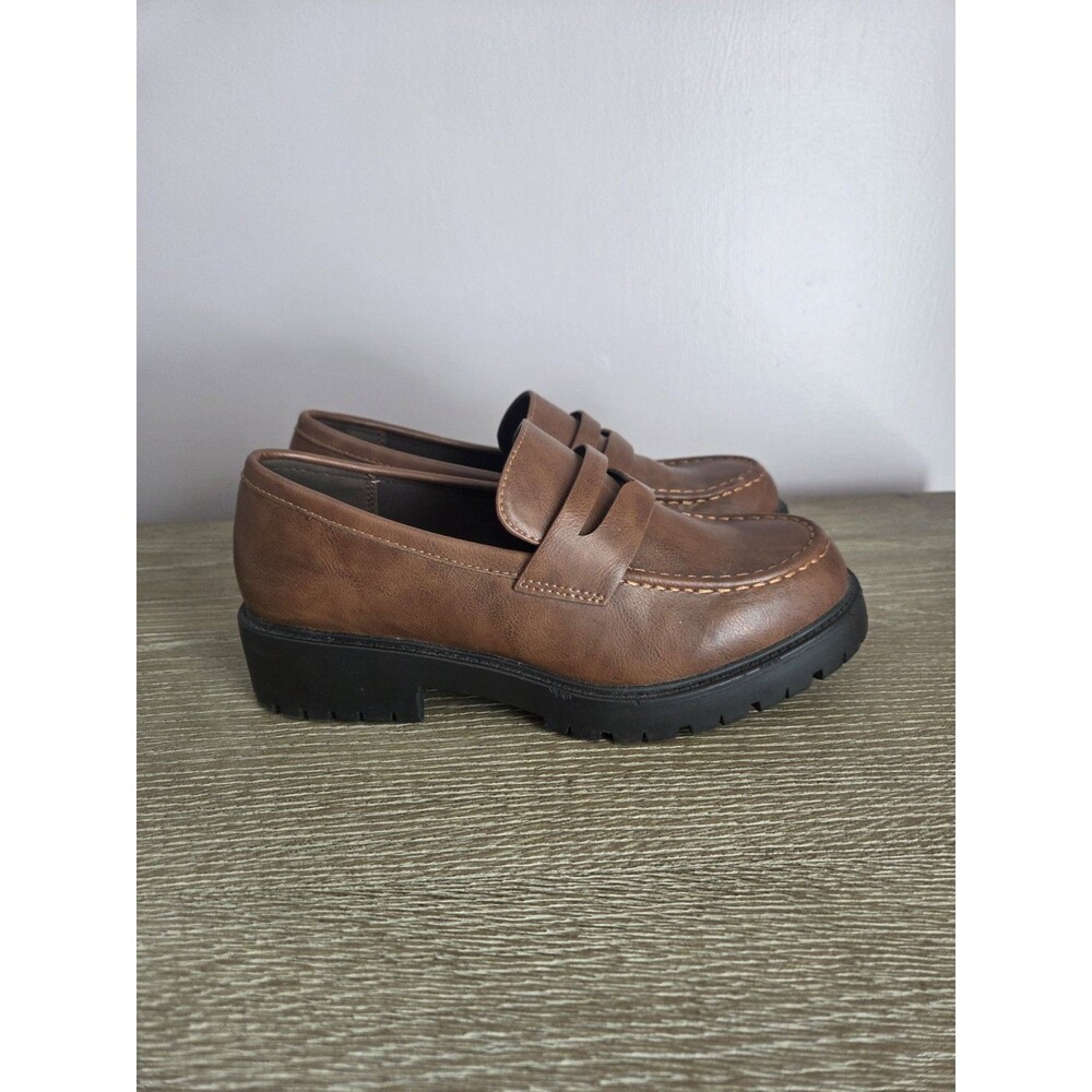 Y2K Chunky Loafers Sz 8.5 Brown Vegan‎ Leather Block Heel Preppy Grunge Academia - Picture 3 of 7
